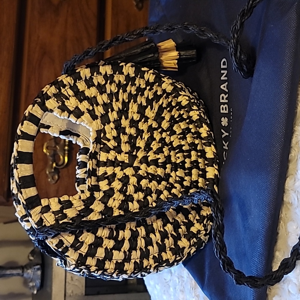 Lucky Brand Rafia Shoulder Bag. Black and White